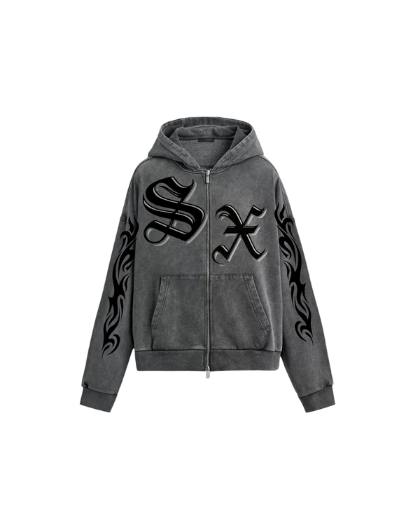 Washed Tribal Zip Hoodie – Grey